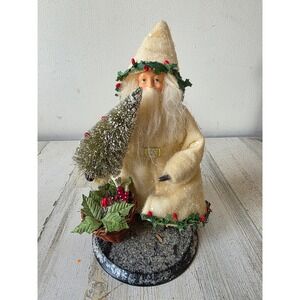 Vintage Victorian glitter Santa tree statue figurine basket shabby chic